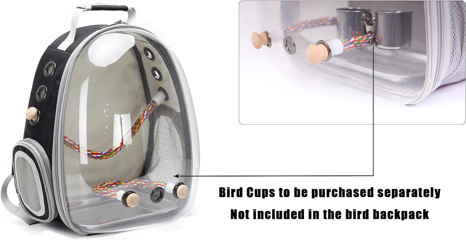 Pet Bird Space Capsule Backpack Carrier, Stainless Steel Tray and Standing Perch (Large, Black)