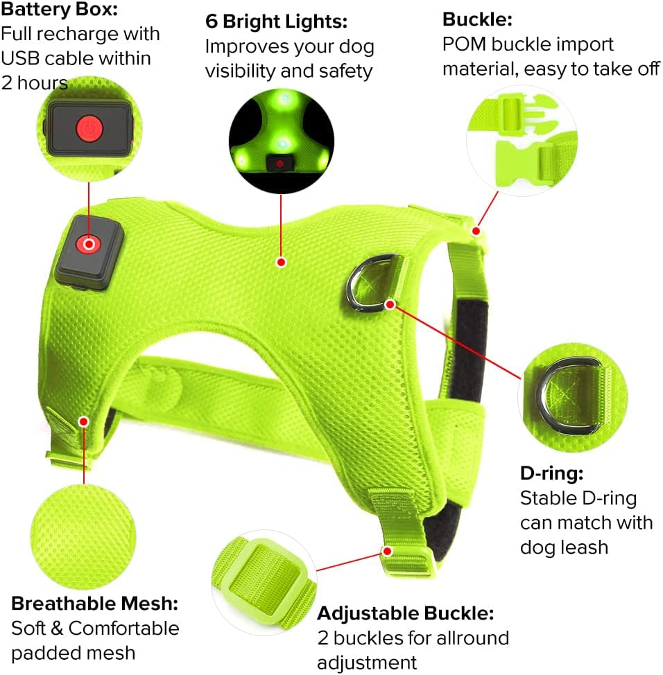 Glow In The Dark LED Dog Harness, Lighted up USB Rechargeable Pet Harness,(Green, S)