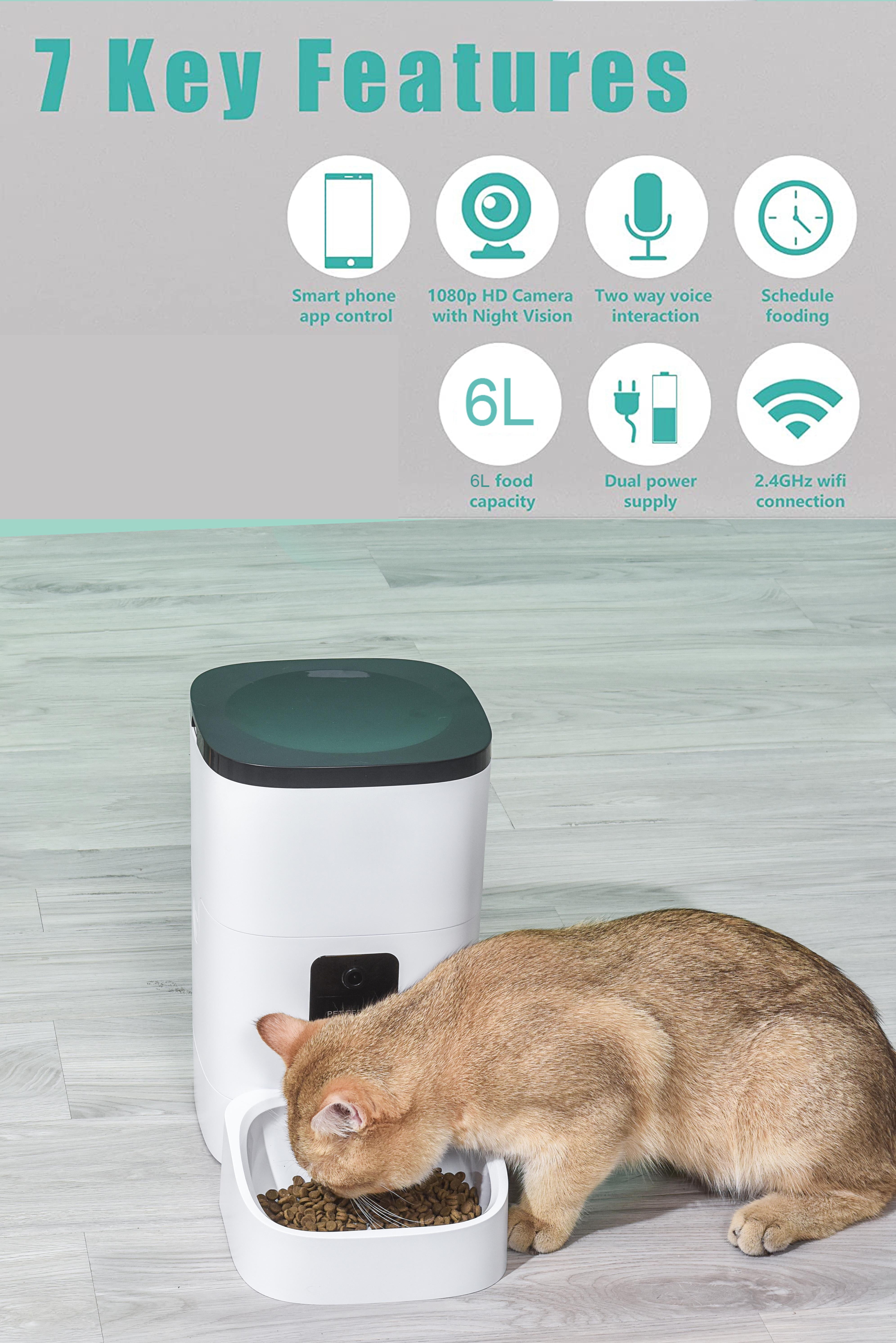 Automatic Wifi Pet Feeder for Cats and Dogs, 1080P Camera, Voice Control, App Controller, 6L