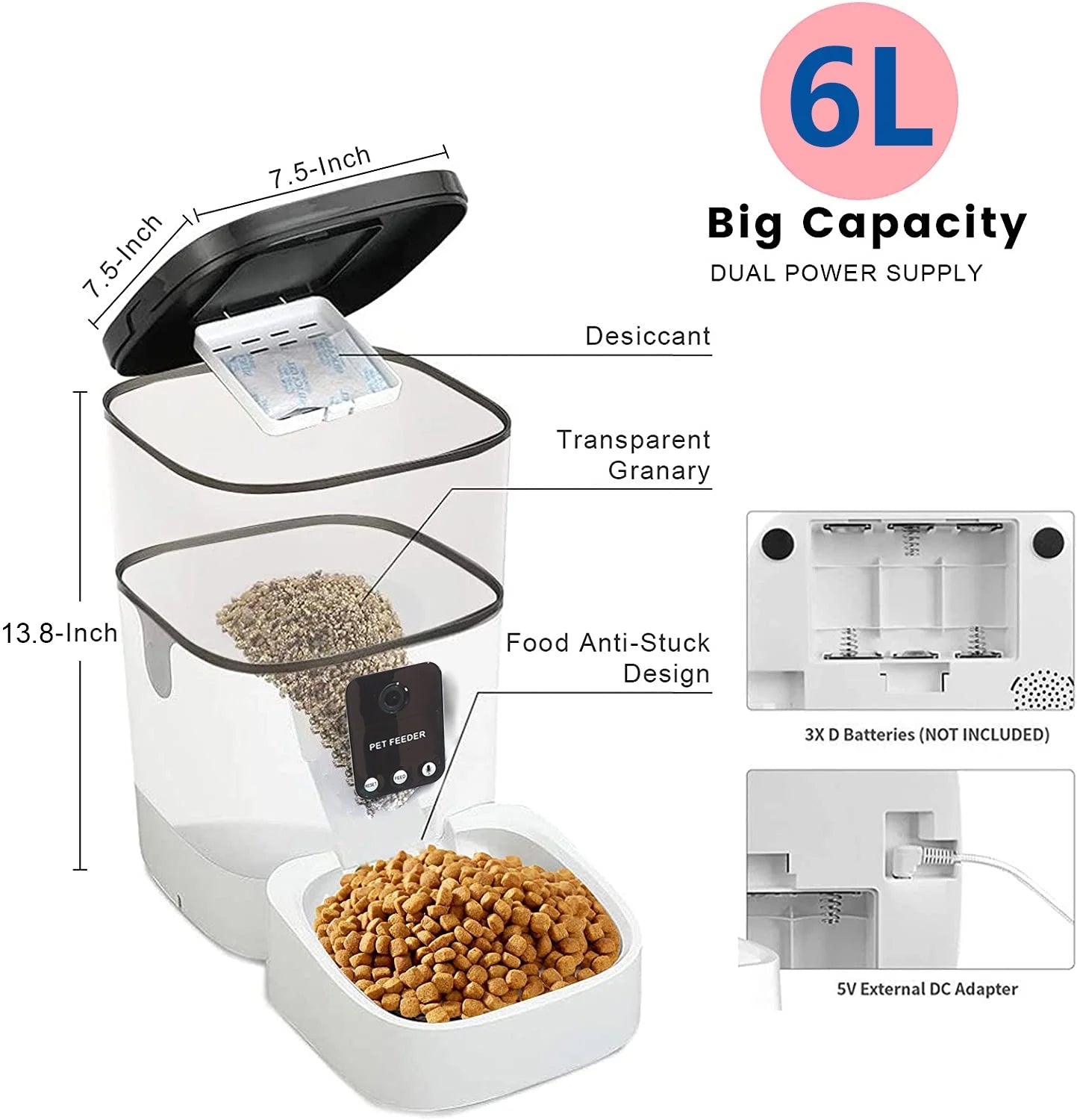 Automatic Wifi Pet Feeder for Cats and Dogs, 1080P Camera, Voice Control, App Controller, 6L