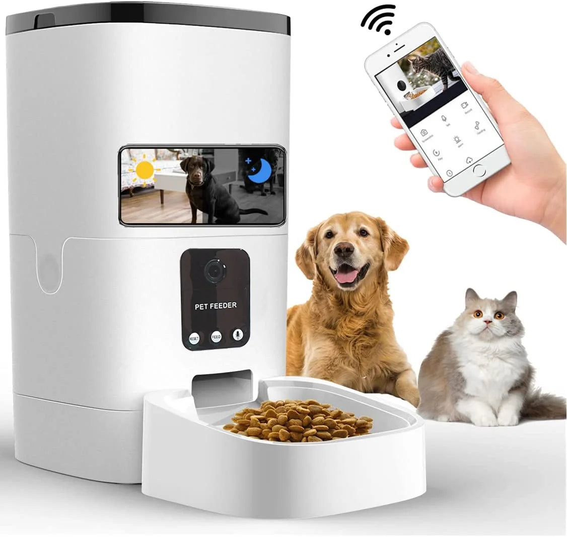 Automatic Wifi Pet Feeder for Cats and Dogs, 1080P Camera, Voice Control, App Controller, 6L