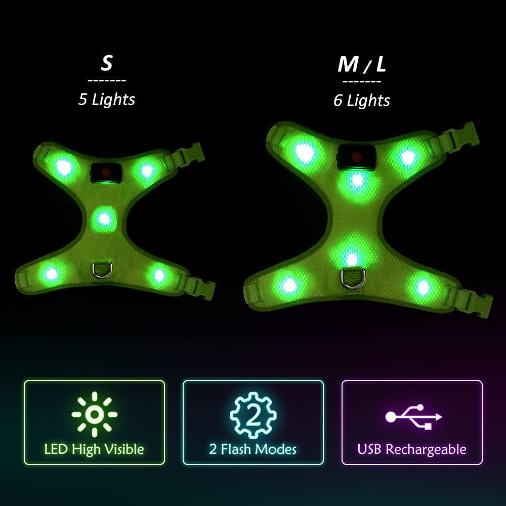 Glow In The Dark LED Dog Harness, Lighted up USB Rechargeable Pet Harness,(Green, S)