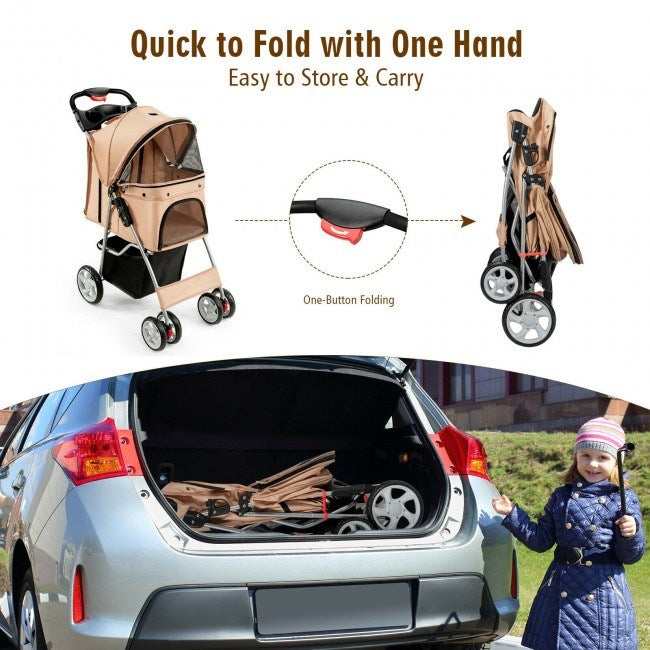 Foldable 4-Wheel Pet Stroller with Storage Basket