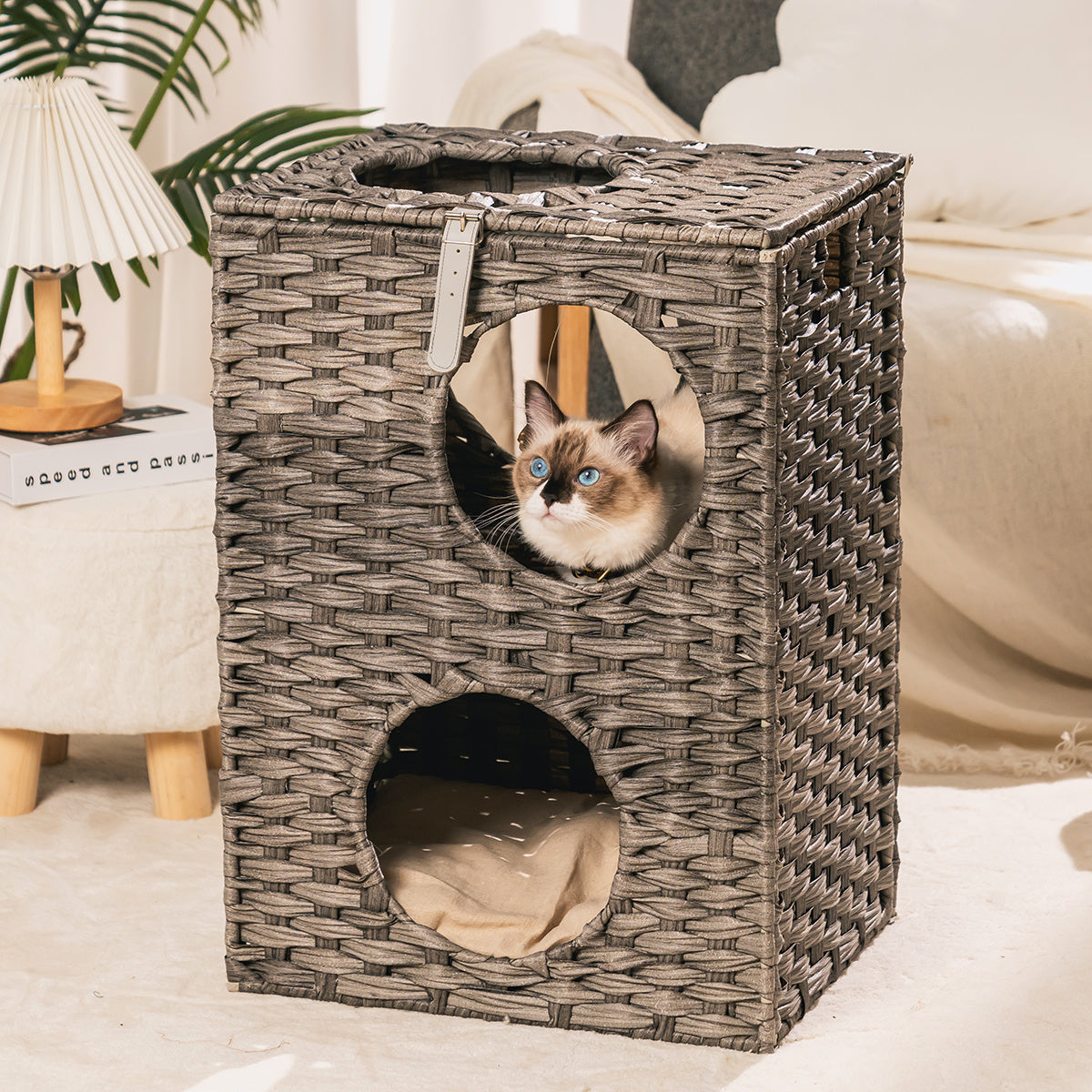 Rattan Cat Litter, Cat Bed with Rattan Ball and Cushion, Grey