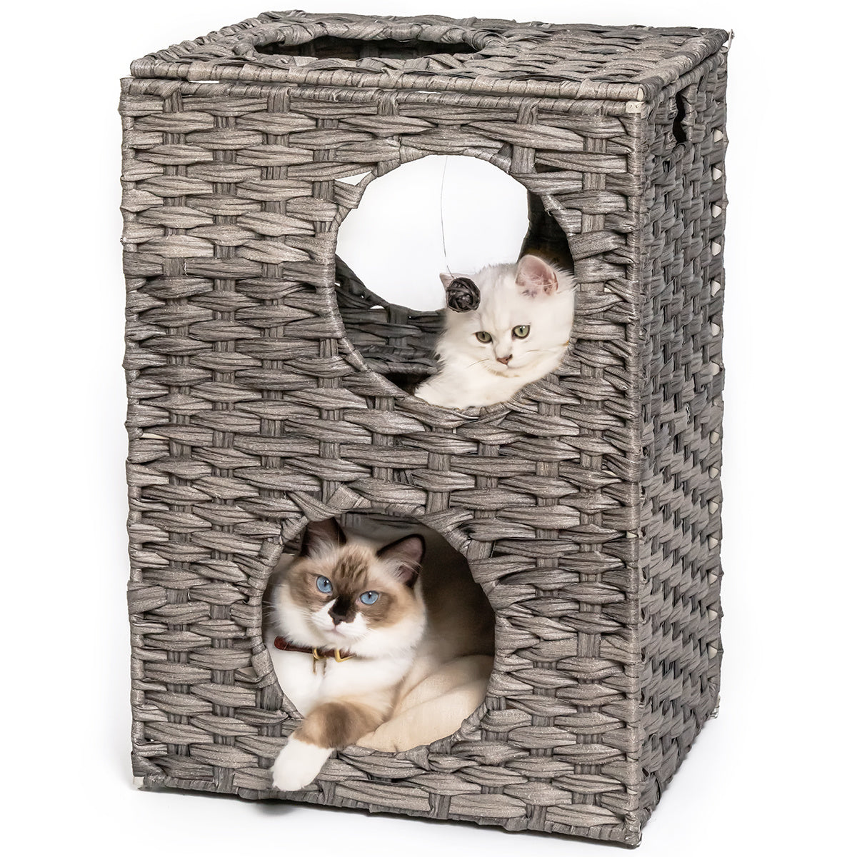 Rattan Cat Litter, Cat Bed with Rattan Ball and Cushion, Grey