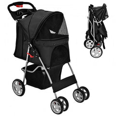 Foldable 4-Wheel Pet Stroller with Storage Basket