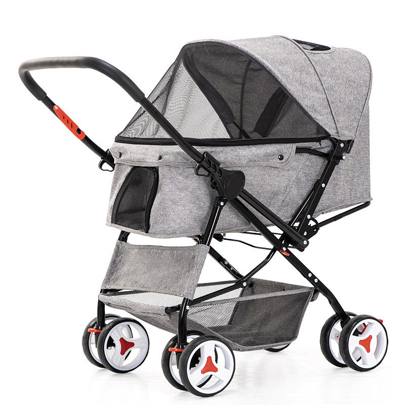 Four Wheel Folding Pet Stroller, Dog Jogger Travel Cats Carrier Adjustable Canopy Storage Brake Mesh Window