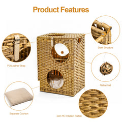 Rattan Cat Litter, Cat Bed with Rattan Ball and Cushion, Brown