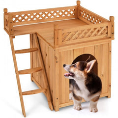 New Style Wood Pet Dog House With Roof Balcony And Bed Shelter