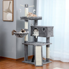 Modern Large Cat Tree with Spacious Condo, Large Top Perch, Cozy Hammock, Scratching Post, Climbing Ladder, Feeding Bowl and Cat Interactive Toy For Big and Fat Cats