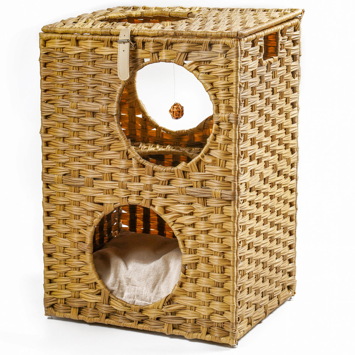 Rattan Cat Litter, Cat Bed with Rattan Ball and Cushion, Brown