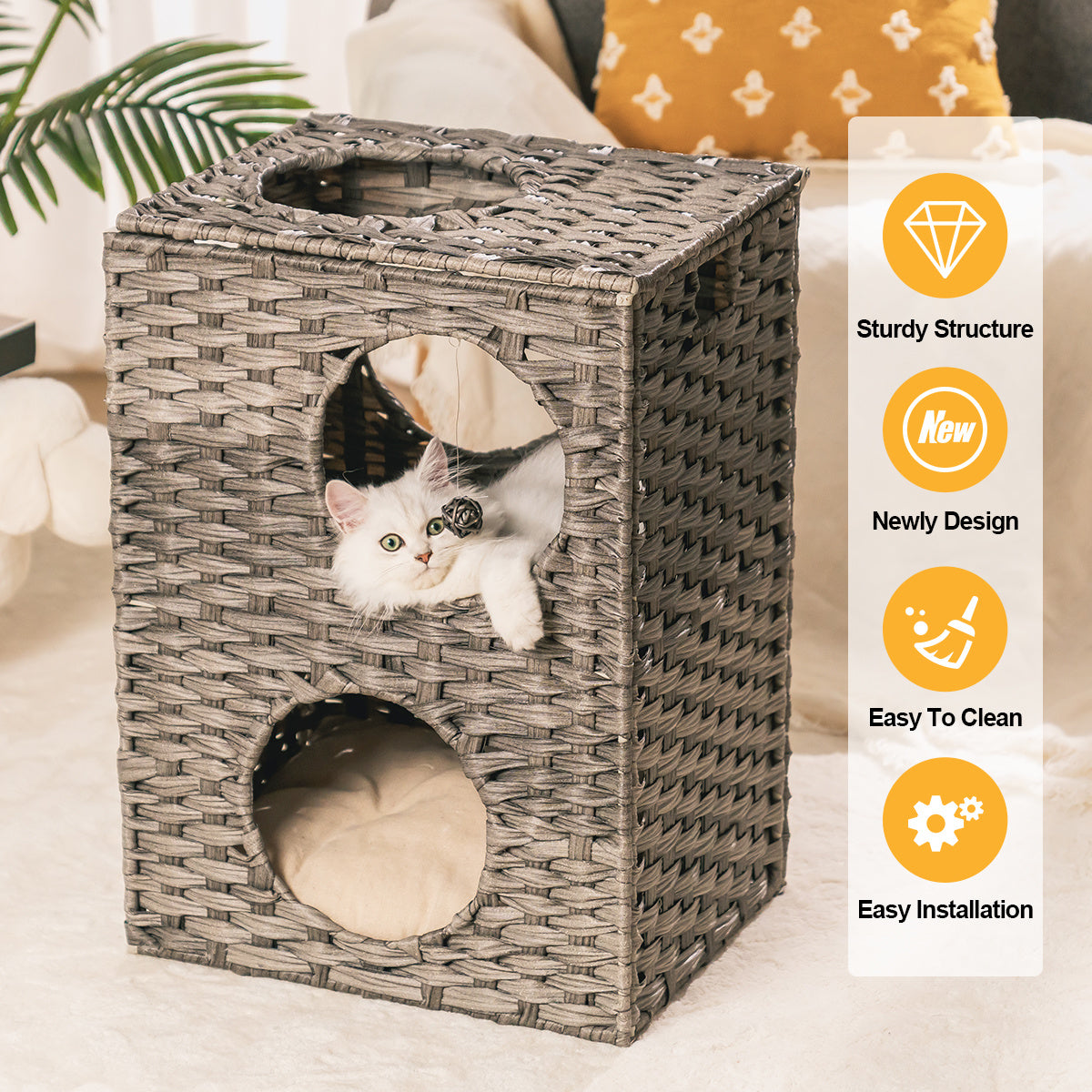 Rattan Cat Litter, Cat Bed with Rattan Ball and Cushion, Grey