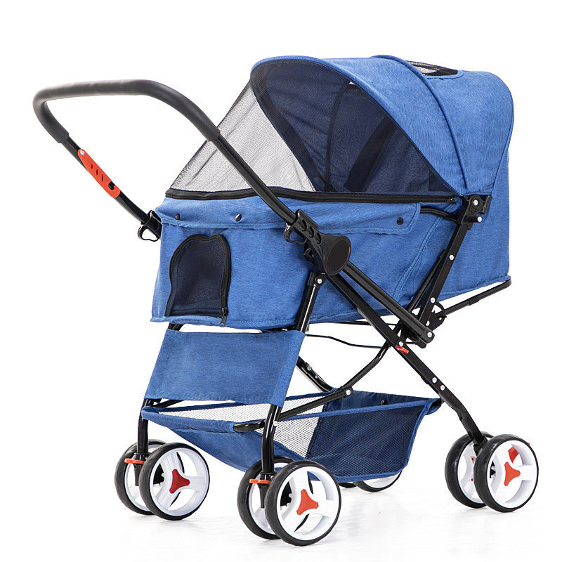 Four Wheel Folding Pet Stroller, Dog Jogger Travel Cats Carrier Adjustable Canopy Storage Brake Mesh Window