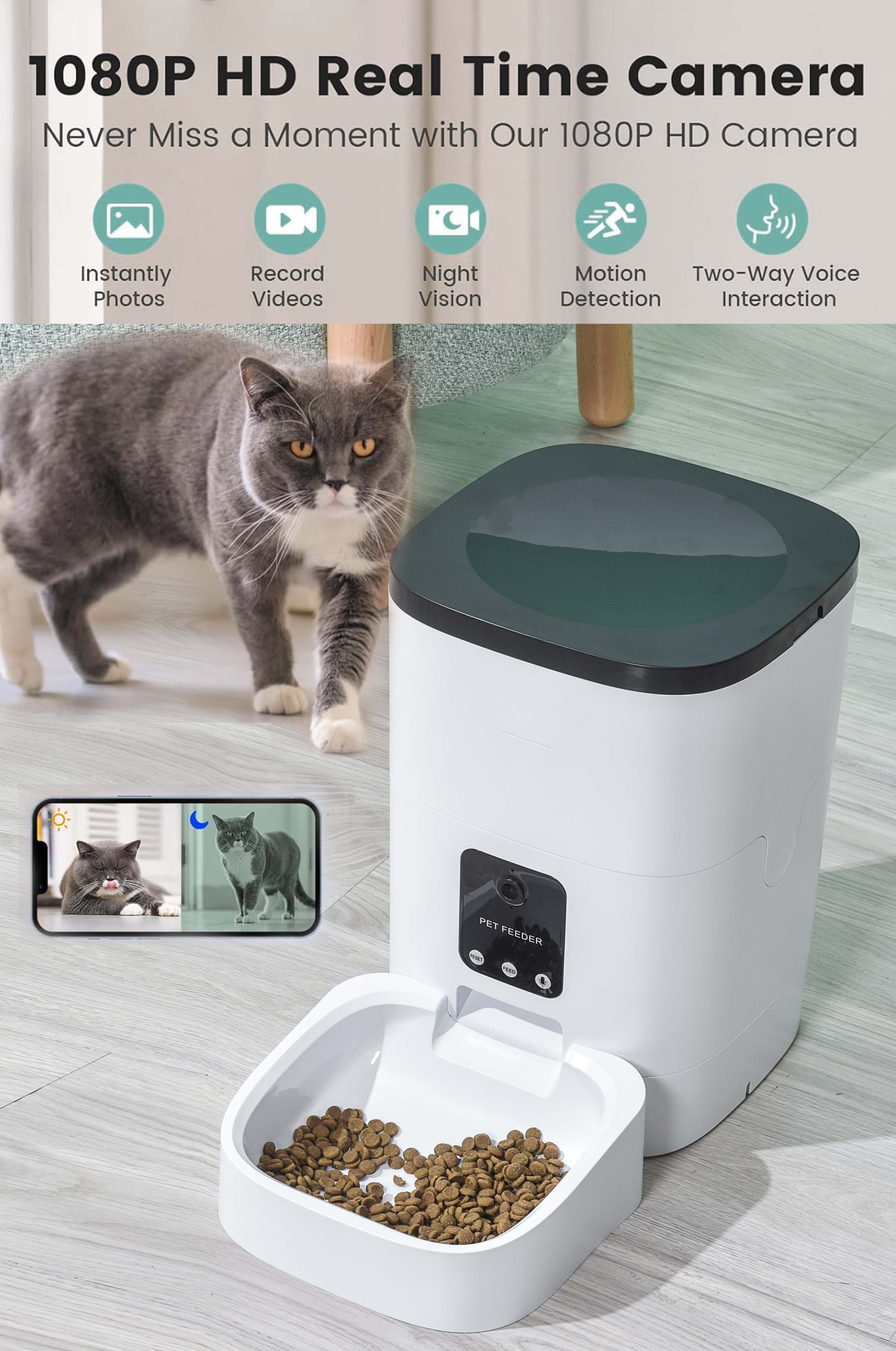 Automatic Wifi Pet Feeder for Cats and Dogs, 1080P Camera, Voice Control, App Controller, 6L