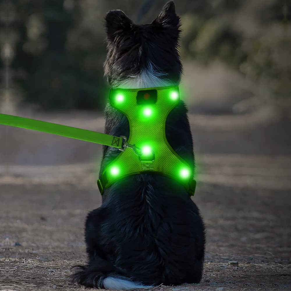 Glow In The Dark LED Dog Harness, Lighted up USB Rechargeable Pet Harness,(Green, S)